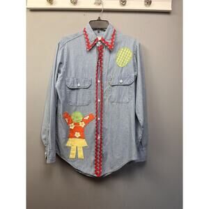 Vintage The Frog Pond Button Up Shirt Womens Medium Chambray Embroidered FLAW